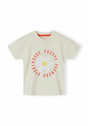 Kremowy t-shirt z krótkim rękawem z dużą białą stokrotką z żółtym środkiem, wokół której czerwonym tekstem napisano "Piękne kwiaty wszędzie."