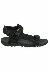 Black sport sandal featuring a textured rubber sole, adjustable nylon straps, and a secure buckle closure. Minimalist design for versatility.