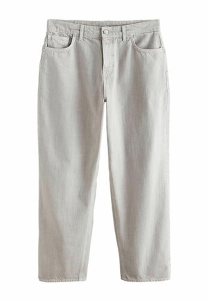 Hellgraue Jeans mit geradem Bein, Vorderknopf- und Reißverschluss, Gürtelschlaufen sowie Vorder- und Rückentaschen.