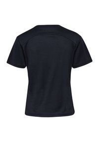 Sort kortærmet atletisk t-shirt vist bagfra med en sømdetalje tværs over den øverste del af ryggen og en rund halsudskæring.