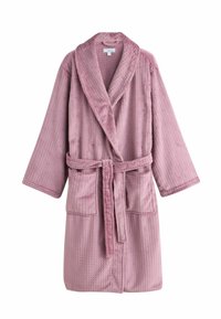 Rosa badekåbe i vaffelstrik med sjalskrave, lange ærmer, bindebælte og to forlommer. Fremstillet i blødt, struktureret stof.