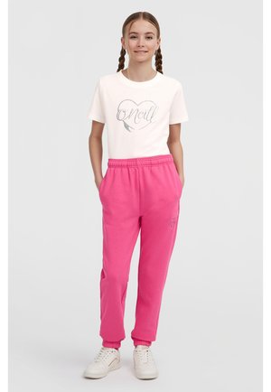 Witte katoenen t-shirt met een hart grafiek in grijs. Heldere roze sweatpants met elastische tailleband en boorden, uitgerust met een klein logo detail.