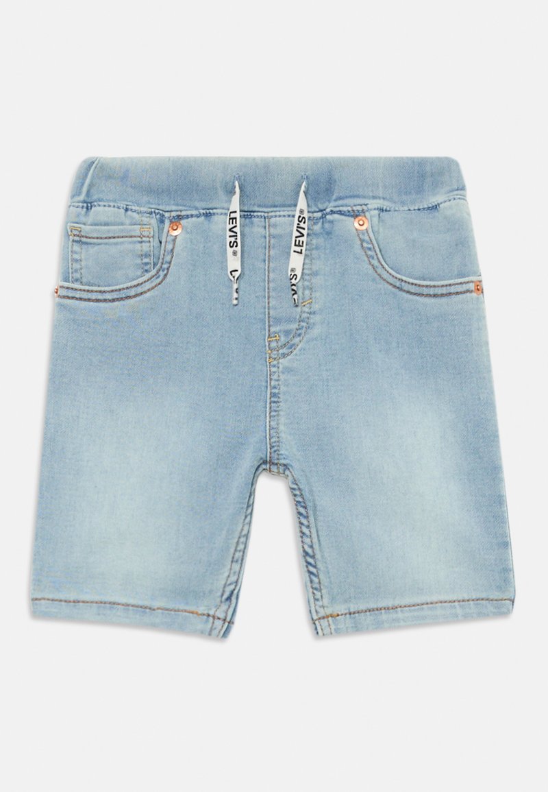 Svetlomodré džinsové šortky s pásom na stiahnutie, prednými vreckami a medenými akcentmi. Majú rovný strih a svetlú umývací textúru.