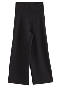Svarta vida byxor med hög midja, tillverkade av ett slätt, stretchigt material. Har en enkel, minimalistisk design utan utsmyckningar.