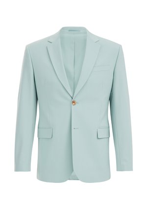 Light blue blazer made of smooth fabric, featuring a single button closure, notch lapels, and two front pockets for a tailored look.