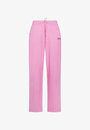 Pantaloni della tuta rosa con vita regolabile, caratterizzati da una vestibilità comoda, tasche laterali e dettaglio del logo ricamato sulla coscia sinistra.