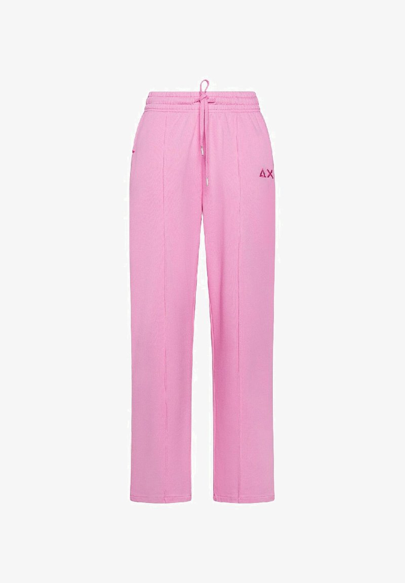 Pantaloni della tuta rosa con vita regolabile, caratterizzati da una vestibilità comoda, tasche laterali e dettaglio del logo ricamato sulla coscia sinistra.