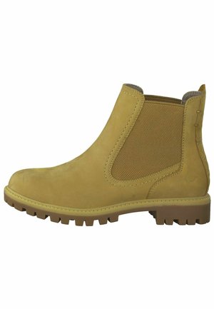 Tan-farbene Wildleder-Stiefeletten mit elastischen Seitenpaneelen, runder Spitze, strukturiertem Gummisohle und Nahtdetails entlang der Nähte.