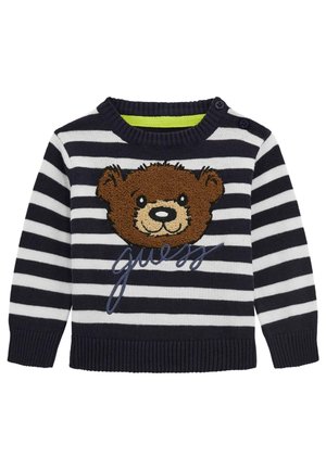 Pull à manches longues rayé bleu marine et blanc avec un visage d'ours marron texturé et "guess" brodé en dessous sur le devant.