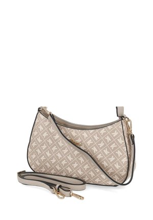 Beżowa torebka na ramię z geometrycznym wzorem, czarnymi krawędziami, złotymi okuciami i odpinanym regulowanym paskiem na białym tle.