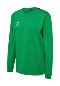 Pullover di colore verde a maniche lunghe con scollo a V, caratterizzato da dettagli neri sulle spalle e un piccolo logo sul petto.