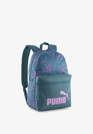 Zaino turchese con motivo floreale rosa e tasca frontale con cerniera. Dotato di spallacci imbottiti e grande logo Puma sulla parte anteriore.