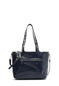 Laatikko nahkalaukku tummansinistä väriä, jossa on kaksoiskahvat, säädettävä olkahihna, edessä vetoketjupussi ja metalliset yksityiskohdat. Sileä rakenne, jossa on hienoinen kiilto.