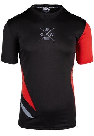 Korte mouwen sportshirt in zwart met rode accenten. Voorzien van een grafisch logo en strepen. Gemaakt van rekbare stof voor comfort en een goede pasvorm.