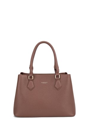 Brown textured leather handbag with two sturdy handles, gold hardware accents, and a rectangular shape featuring a front logo detail.