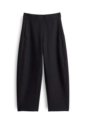 Schwarze, schmal zulaufende Hosen aus glattem Stoff mit hohem Taillenbund und seitlichen Taschen, in einem klaren, minimalistischen Design ohne sichtbare Muster.