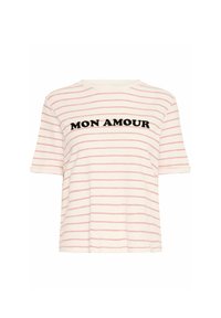 Kreminės spalvos trumpomis rankovėmis dryžuota marškinėliai su raudonais horizontaliais dryžiais, ant krūtinės išsiuvinėtas užrašas "MON AMOUR" juoda spalva.