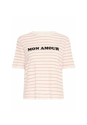 Pasiasty t-shirt z krótkim rękawem w kolorze kremowym z czerwonymi poziomymi paskami, z haftem "MON AMOUR" w kolorze czarnym na wysokości klatki piersiowej.