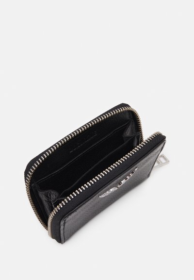 Black leather zip-around wallet with silver zipper. Interior features multiple card slots and compartments, textured finish.