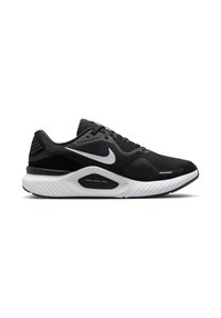 Scarpa sportiva nera con tomaia testurizzata, logo Swoosh bianco, intersuola bianca ammortizzata e suola in gomma per trazione.