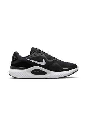 Schwarzer Sportschuh mit strukturiertem Obermaterial, weißem Swoosh-Logo, gepolstertem weißen Zwischensohl und Gummisohle für Traktion.