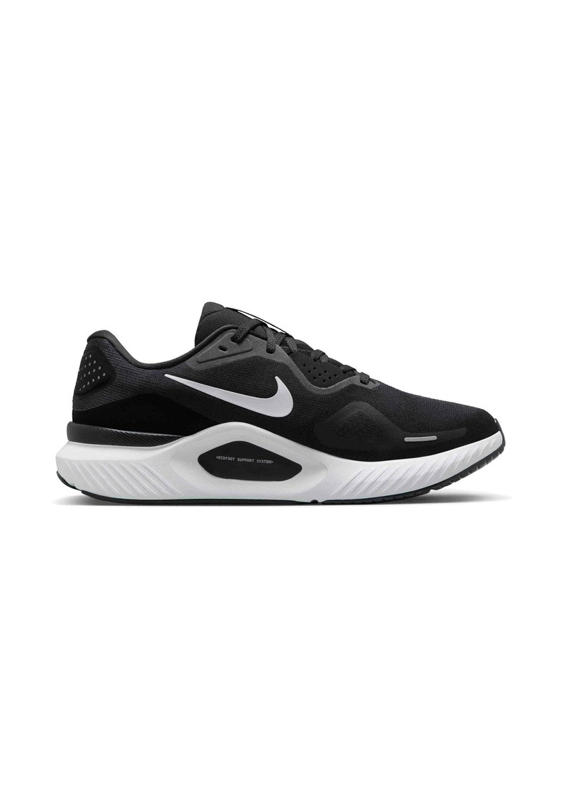 Scarpa sportiva nera con tomaia testurizzata, logo Swoosh bianco, intersuola bianca ammortizzata e suola in gomma per trazione.
