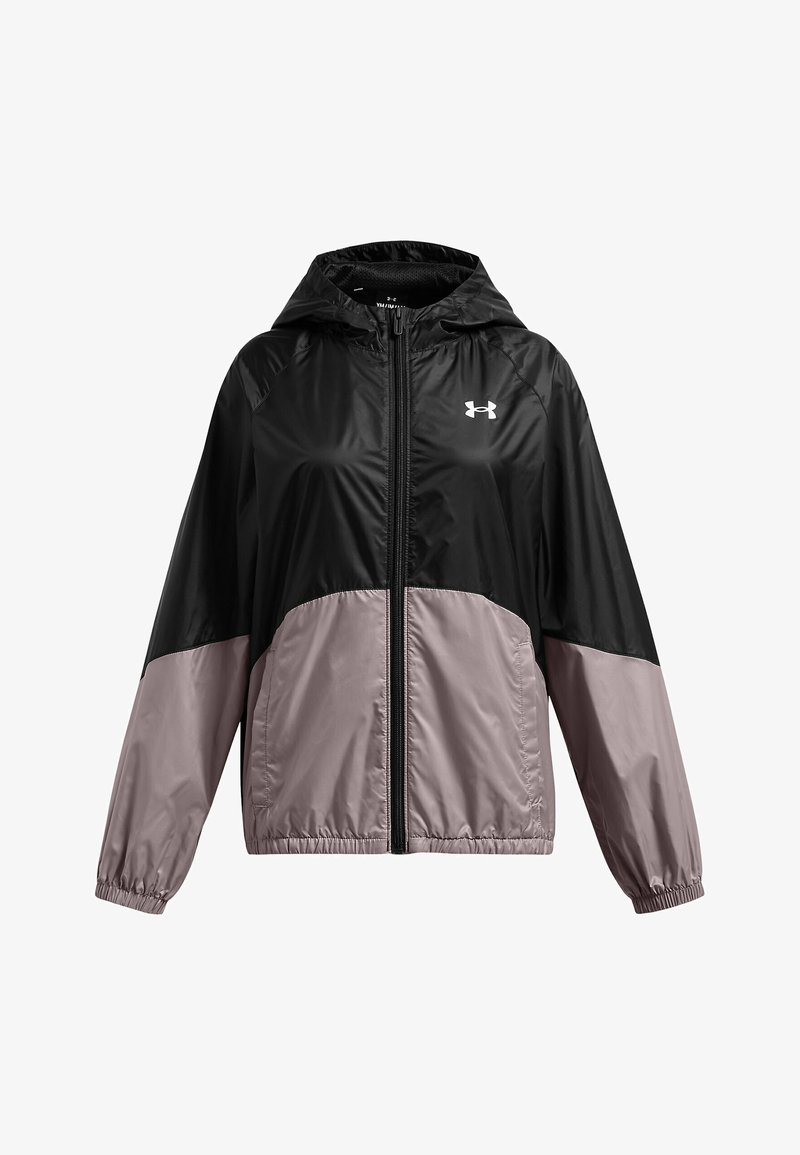 Juodas ir šviesiai rožinis lengvas švarkas su kapišonu, užtrauktuku priekyje, elastingais rankogaliais ir "Under Armour" logotipu ant krūtinės. Lygi, blizgi tekstūra.
