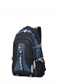 Zaino nero e blu realizzato in nylon resistente, con più scomparti, spallacci regolabili, dettagli grigi e una superficie texture.