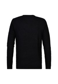 Maglione nero a maniche lunghe con un design a coste testurizzato. Collo a giro semplice con maniche aderenti e finitura liscia e uniforme.