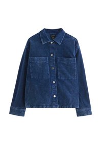 Tmavě modrá manšestrová bunda s zapínáním na knoflíky, špičatým límcem, dvěma náprsními kapsami a dlouhými rukávy s manžetami na knoflíky.