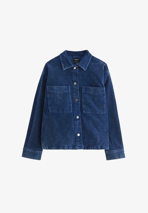 Mørkeblå fløjlsjakke med knappelukning foran, spids krave, to brystlommer og lange ærmer med knapmanchetter.