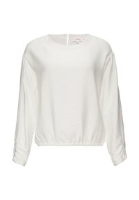 Witte langemouwen pullover met een textuurafwerking. Heeft een ronde halslijn, elastische tailleband en een halve rits aan de achterkant.