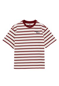 Juostuota cream ir burgundiška marškinėliai, su trumpomis rankovėmis, apvaliu iškirpimu ir išsiuvinėtu "Camden Market" logotipu priekyje.