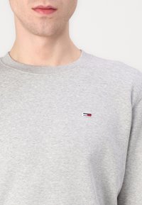 Felpa grigia con collo rotondo, caratterizzata da un piccolo logo in rosso, bianco e blu sul petto a sinistra. Tessuto morbido e scollo a costine.