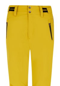 Geltonos slidinėjimo kelnės, pagamintos iš softshell medžiagos. Turi užtrauktuku uždarytas šonines kišenes, lygią tekstūrą ir juodas juosteles ant juosmens.