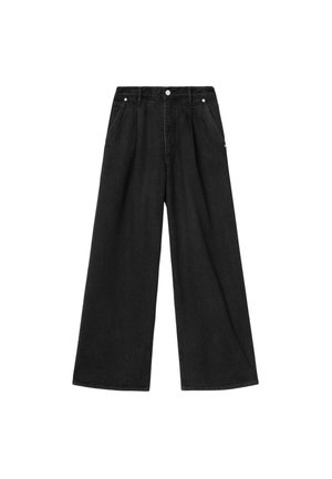 Black high-waisted wide-leg jeans with front pockets, belt loops, and button closure, displayed flat on a white background.