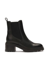 Bota de tobillo de cuero negro con paneles laterales elásticos, punta redondeada y un tacón en bloque texturizado y robusto. Presenta una tira en la parte posterior para facilitar su puesta.
