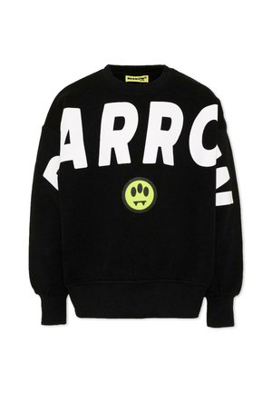 Sort sweatshirt med store hvide delvist synlige bogstaver "ARRC" over bryst og arme, med en lille grøn cirkel og poteaftryk med hugtænder nedenunder.