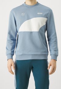 Sudadera azul claro hecha de una mezcla de algodón, con un panel curvado blanco, puños acanalados y un cuello redondo. Incluye detalles de logo.