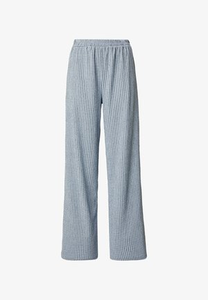 Pantalon ample bleu clair avec motif à carreaux bleu marine et taille élastique, présenté sur fond blanc.