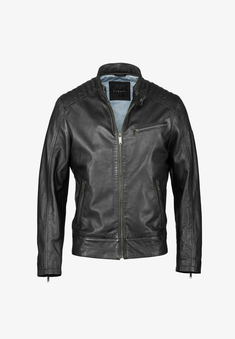 Schwarze Lederjacke mit einem Reißverschluss vorne, Stehkragen und Schulterschutz. Verfügt über zwei seitliche Taschen und eine kleine Brusttasche.