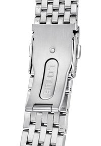 Bracelet de montre en acier inoxydable argenté avec une finition brossée, des maillons imbriqués et une fermeture rabattable avec gravure "LOTUS".