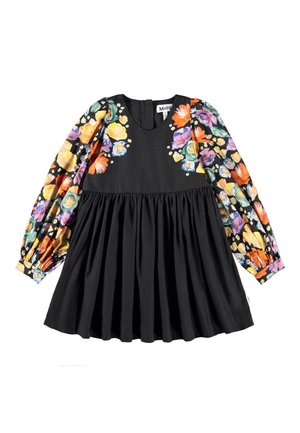 Abito nero con gonna arricciata e maniche a motivo floreale colorato. Presenta un collo a barchetta e polsini elasticizzati sulle maniche.