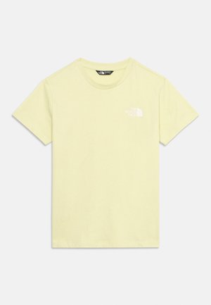 Hele-kollane lühikeste varrukatega ümara kaelusega t-särk, millel on vasakul rinnal väike valge The North Face logo.