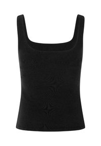 Zwarte gebreide tanktop met een vierkante halslijn, brede bandjes en een aansluitend ontwerp. Gladde stof met een subtiele textuur.