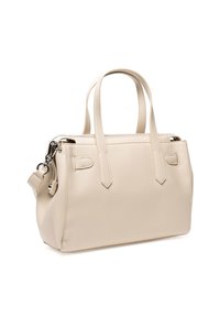 Beżowa skórzana torebka z podwójnymi uchwytami u góry, zamknięciem na zamek błyskawiczny oraz odpinanym paskiem na ramię. Posiada elegancki, dobrze zorganizowany design.