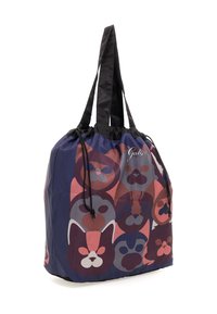 Borsa a spalla blu e rosa con un motivo di facce di animali giocose, realizzata in materiale leggero con coulisse nere e manici.