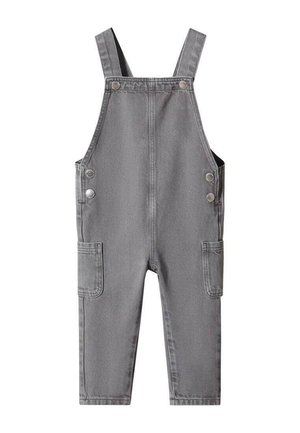 Grå denim-hagedragter til småbørn med justerbare skulderstropper, forstykke, knapper i siden og to forlommer.