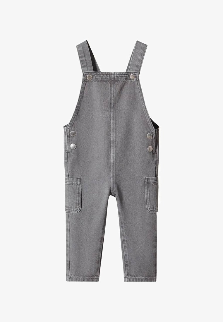 Salopette en jean gris pour tout-petit avec bretelles réglables, bavette avant, boutons latéraux et deux poches avant.