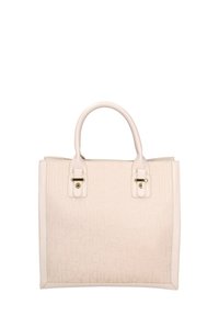 Borsa a mano color crema con motivo in rilievo del logo, materiale in pelle, doppio manico superiore e dettagli in hardware dorato. Forma quadrata.